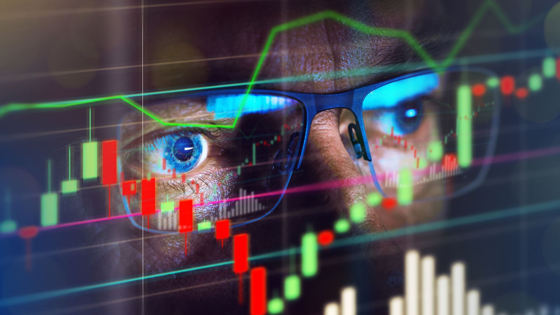 close up of a person's eyes watching stocks