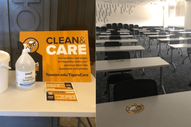 a table in stephens hall offers hand sanitizer and sanitizing wipes. A sign says "Clean & Care"