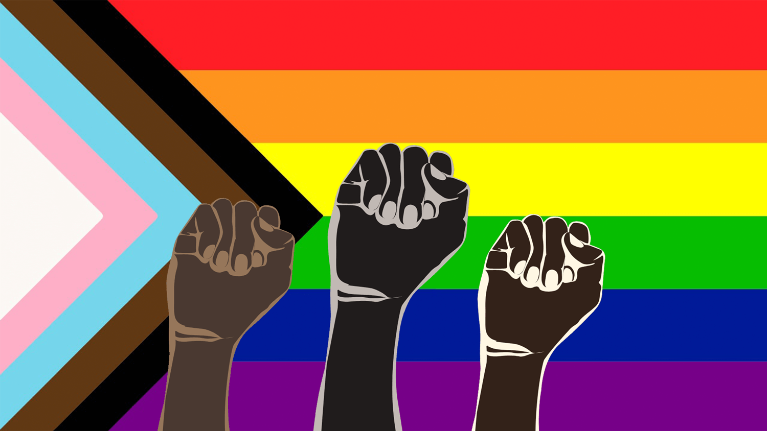 LGBTQ+ Flag with Black Power Solidarity Fists in Front