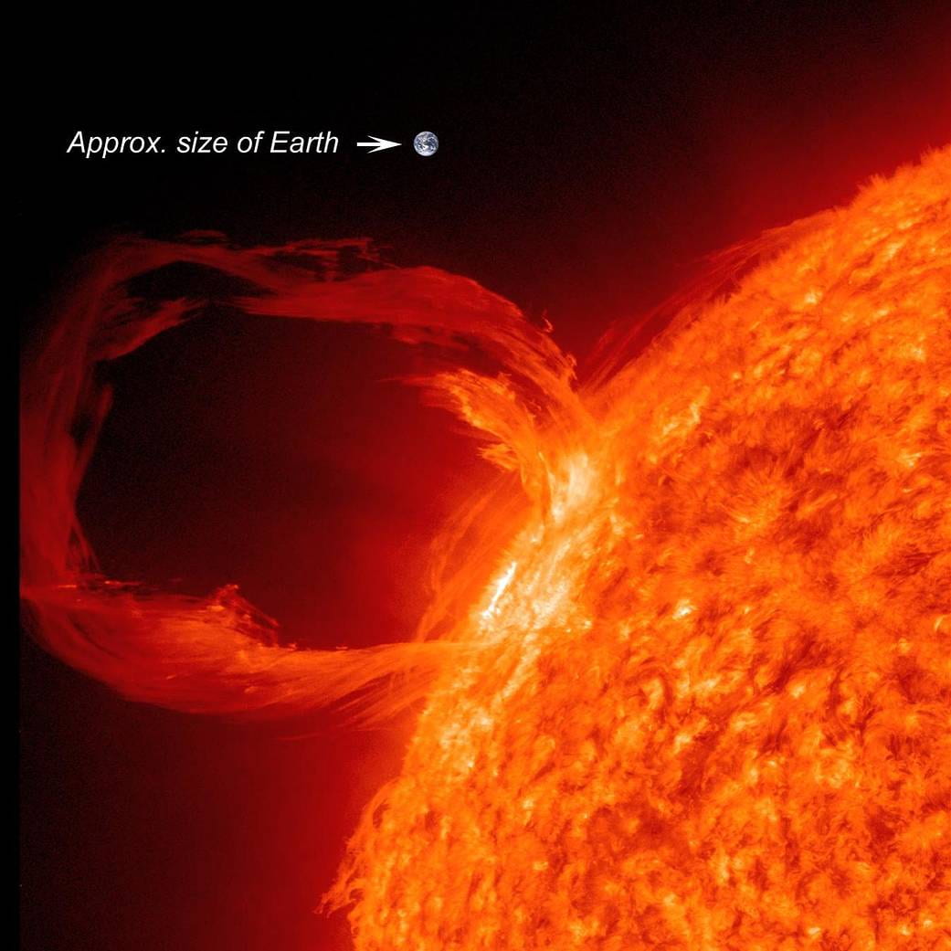 A bright orange and red arch reaching from the Sun into space, with a tiny Earth close by for scale.