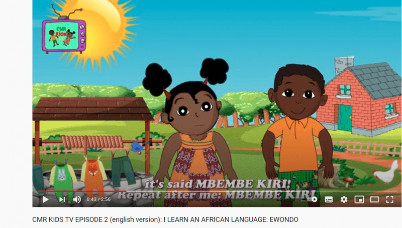 A YouTube screen grab of CMR KIDS TV -a TV channel on YouTube fteaches young Cameroonian children languages such as Ewondo, Dioula, their culture and history.