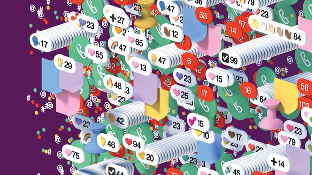 Illustration of stacks of emoji, notifications, green phone buttons, thumbtacks, @s, and other artifacts from Slack