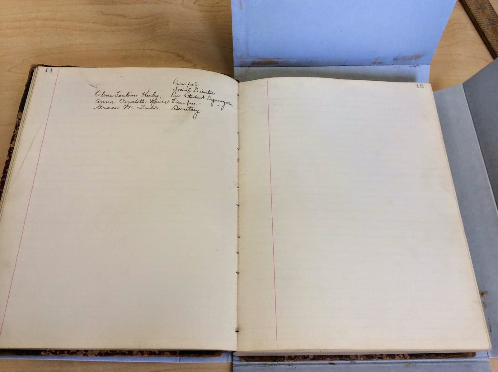 The first SGA officers hand-wrote the original 1921 agreement with faculty, constitution and by-laws in a book. The book is kept in a protective box to keep the binding from crumbling. 