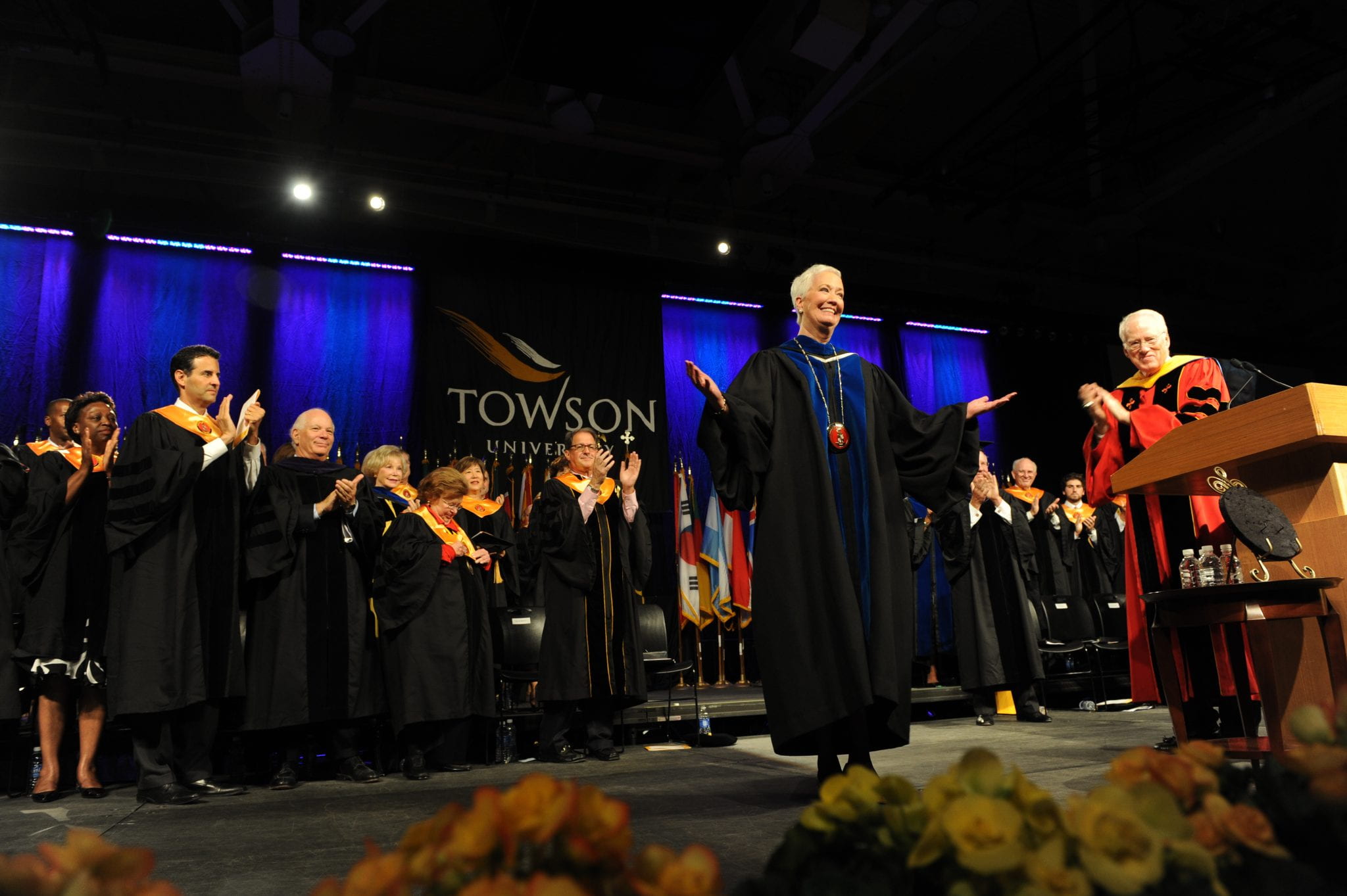 Loeschke, after receiving the Towson University medallion at her inauguration.