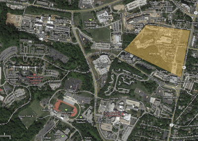 The shaded portion of the map represents the land acquired in 1913 and the original footprint of campus.
