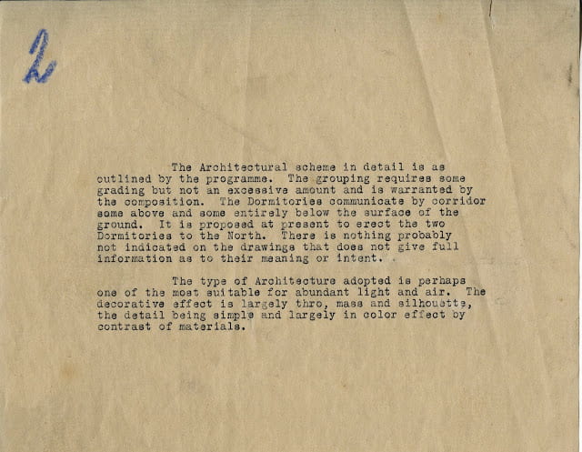 A typewritten note from the then-anonymous architect included with his drawings.