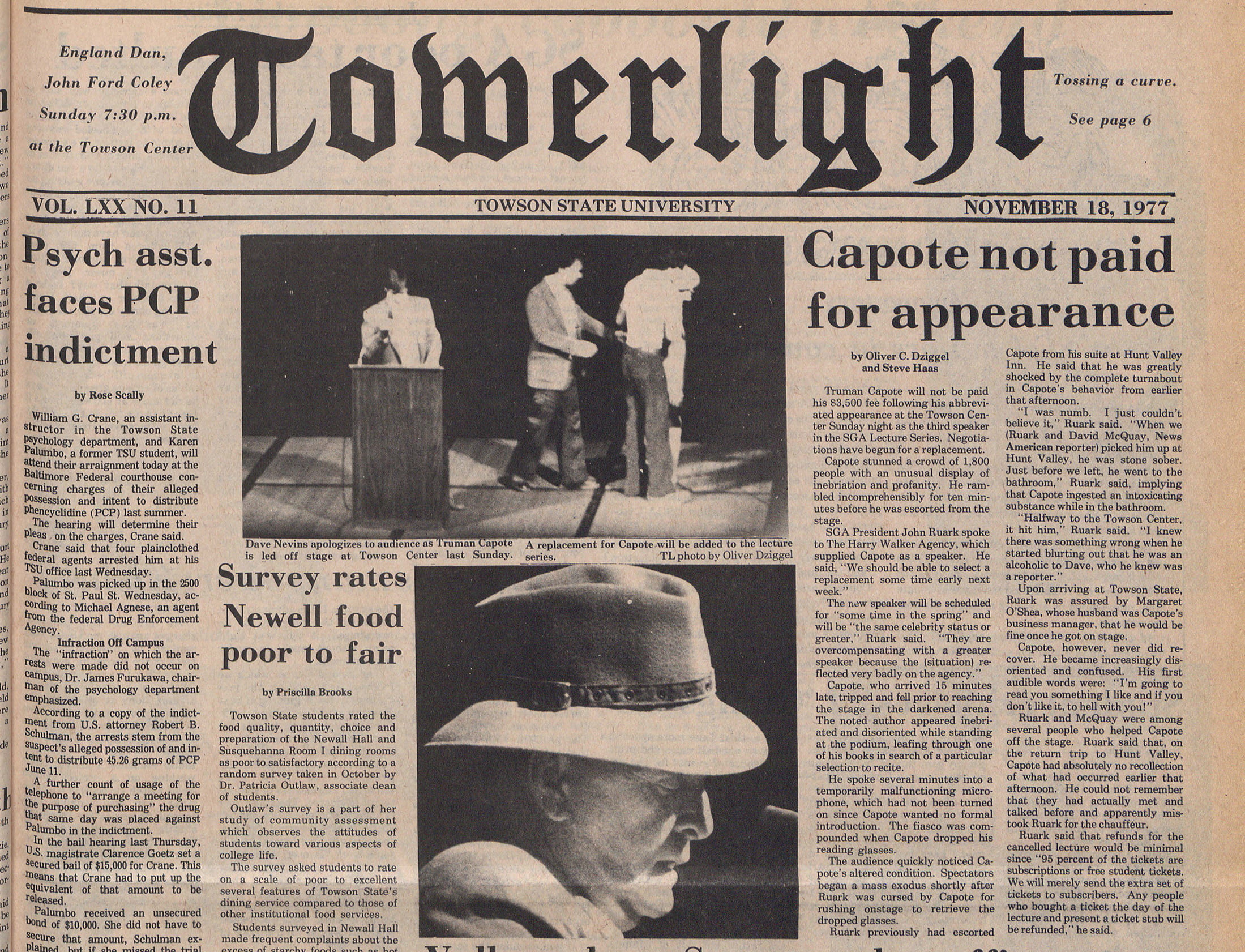 Front of newspaper with photos of Truman Capote being led off stage and reports that he was not paid for his appearance at TSU after arriving incoherent.