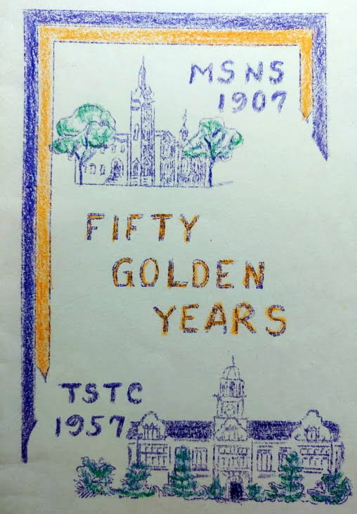 Program shows front of Stephens Hall and the following words: MSNS 1907 Fifty Golden Years TSTC 1957
