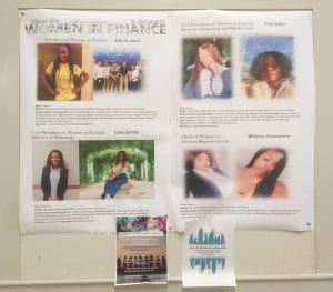 Women in Finance display in Stephens Hall, showing images and biographies of the members of the executive board.