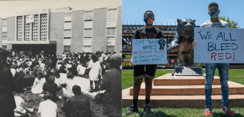 Protesters gathered outside Linthicum Hall listening to speaker in 1970 alongside photo of students supporting BLM in 2020