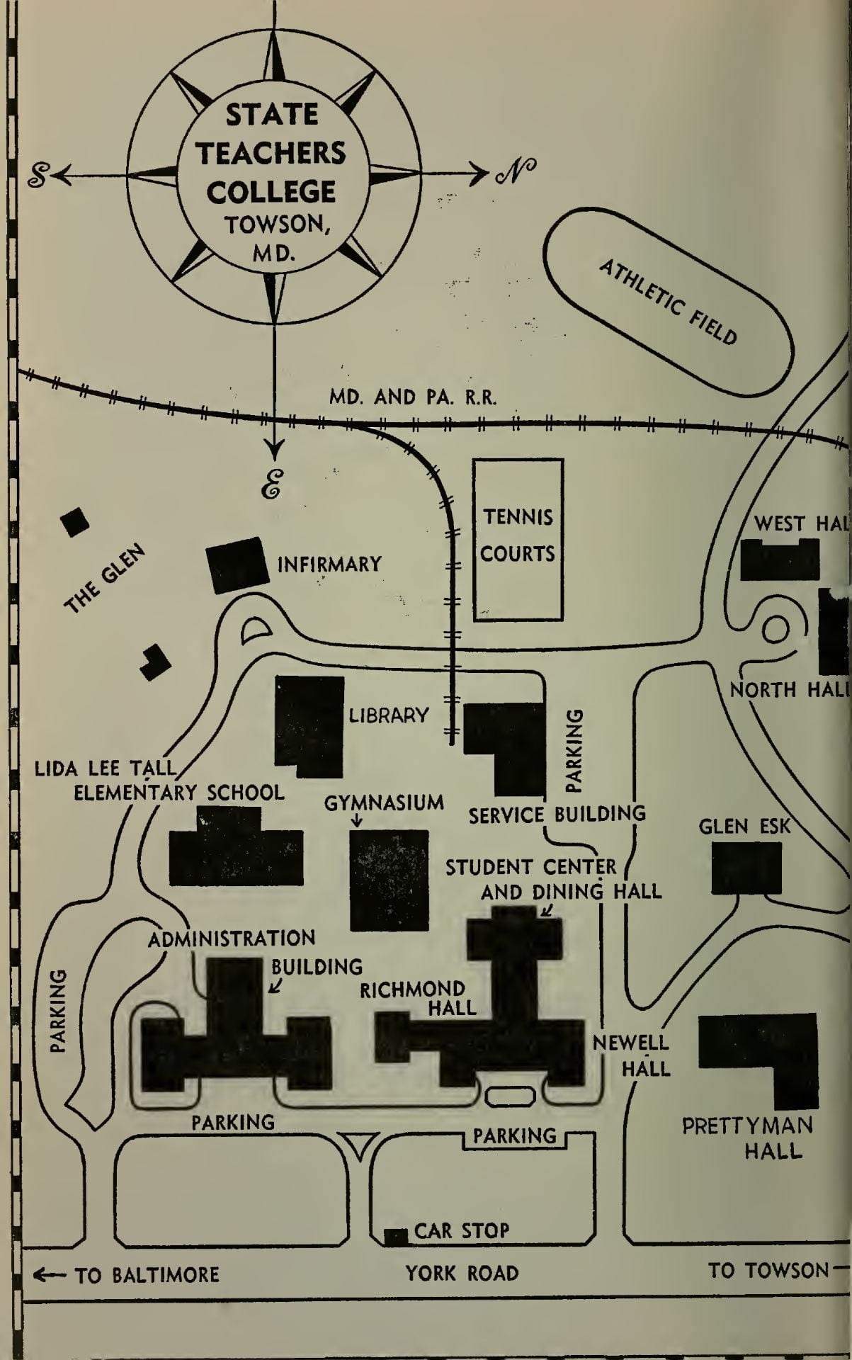 Campus map from 1957-1958. York Road is at the bottom, and the Maryland & Pennsylvania railroad is at the top, making the western border of campus. Between are the Administration Building, Richmond and Newell Halls, the elementary school, Wiedefeld gymnasium, the library and Ward and West Halls. An athletic field is on the other side of the tracks, about where CLA stands today.