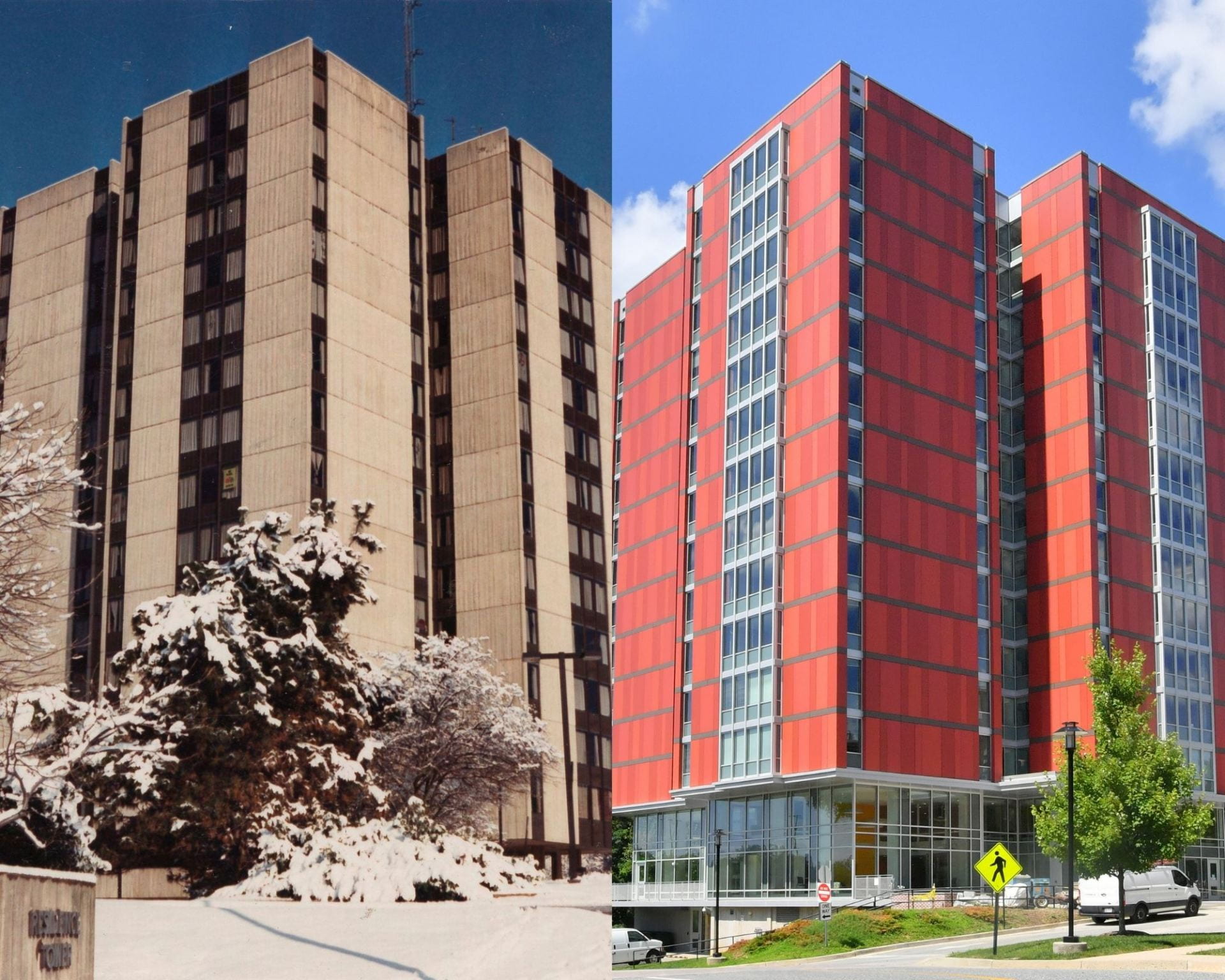 The Residence Tower before the 2018 renovation and after.