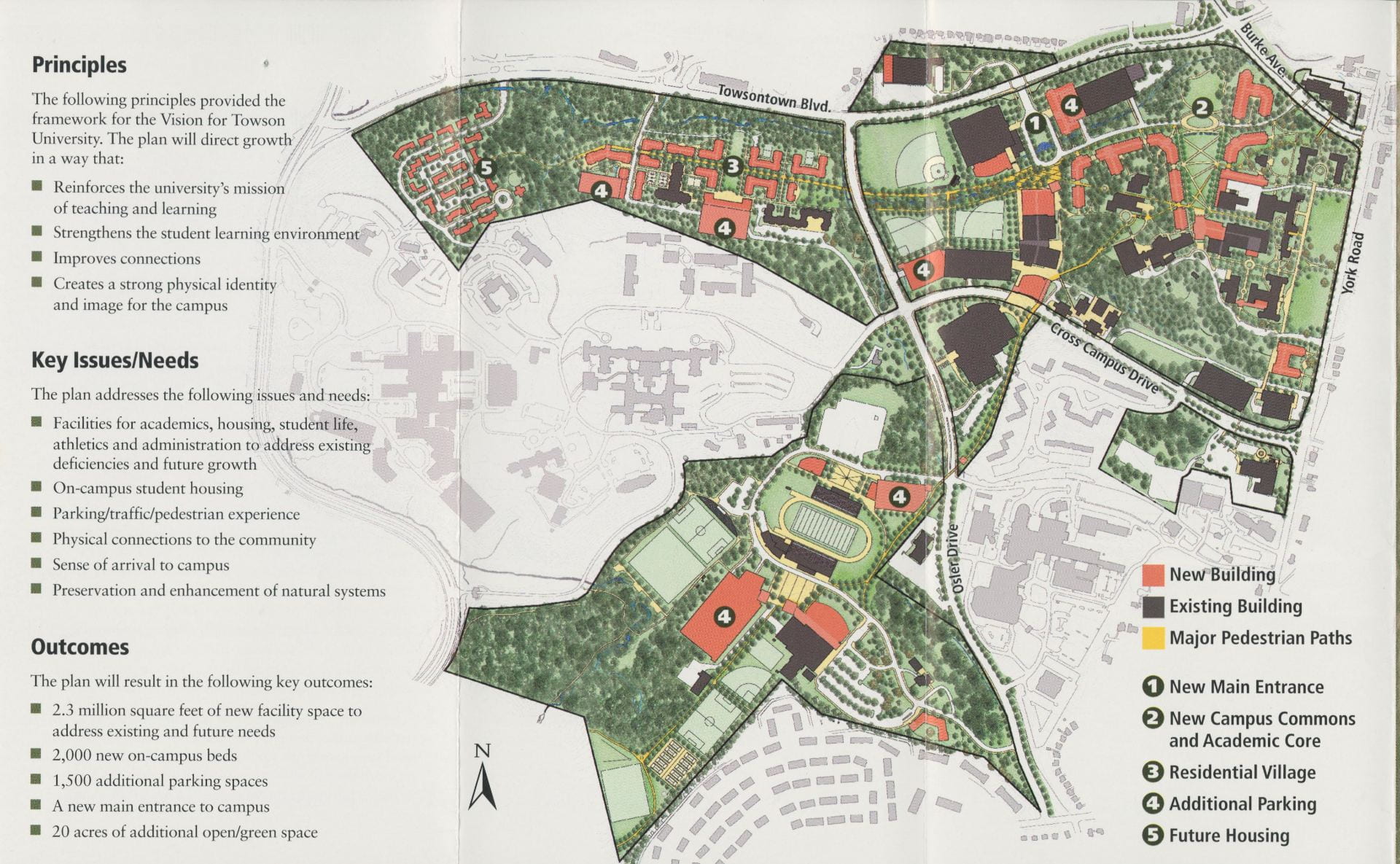 Map of campus with proposed master plan buildings alongside those already in place. 