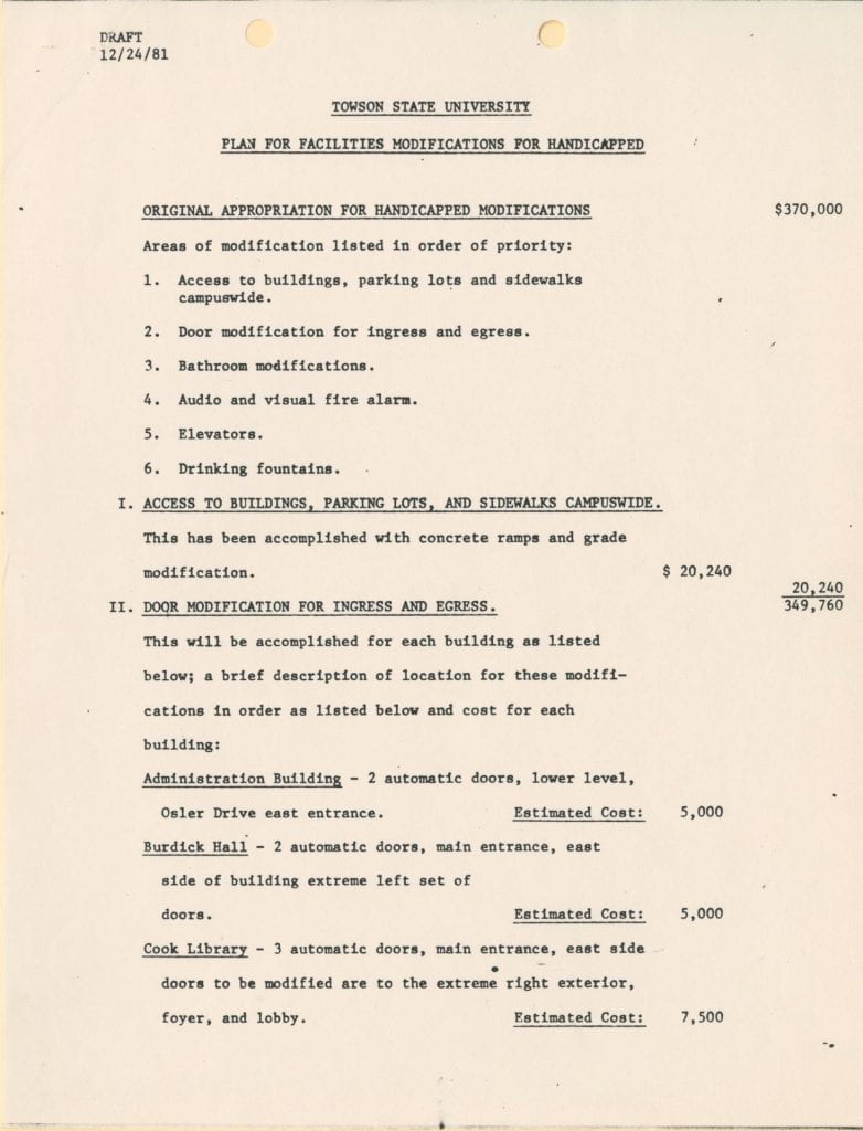 A page from the TSU Plan for Facility Modifications for Handicapped, 1981. Courtesy of the Towson Special Collections and University Archives. 