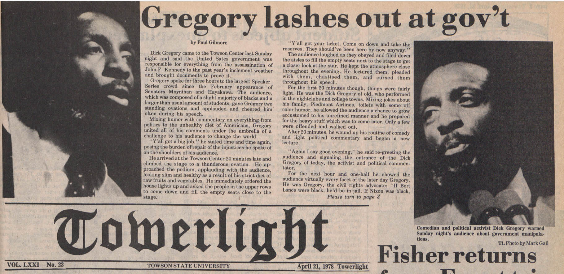 Article showing pictures of Dick Gregory and parts of his speech.