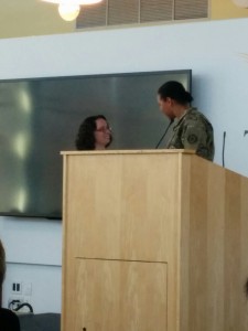 Mjr Gen Singh presents Dr Gasparich with a medal honoring her contributions to the Towson WIS program.